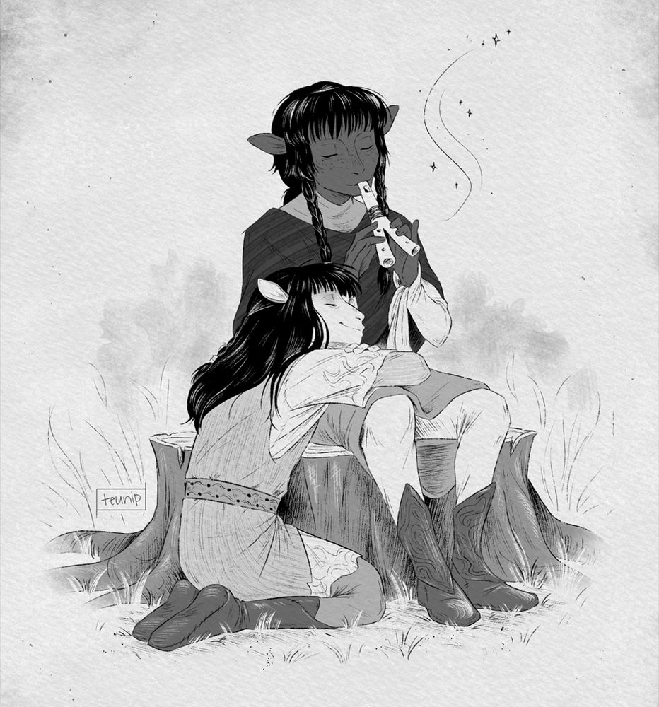 Black and white sequential fanart of The Dark Crystal: Age of Resistance and the ship Rian x Kylan.

First image:

Kylan is playing the firca and sitting on a tree stump. Rian is on his knees, resting his arms and head on Kylan's lap and listening him playing. Their expressions are calm and content with their eyes closed.