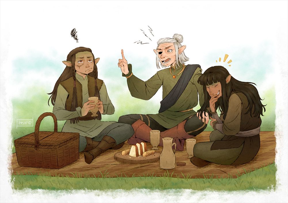 Three Gelfling characters having a picnic.
