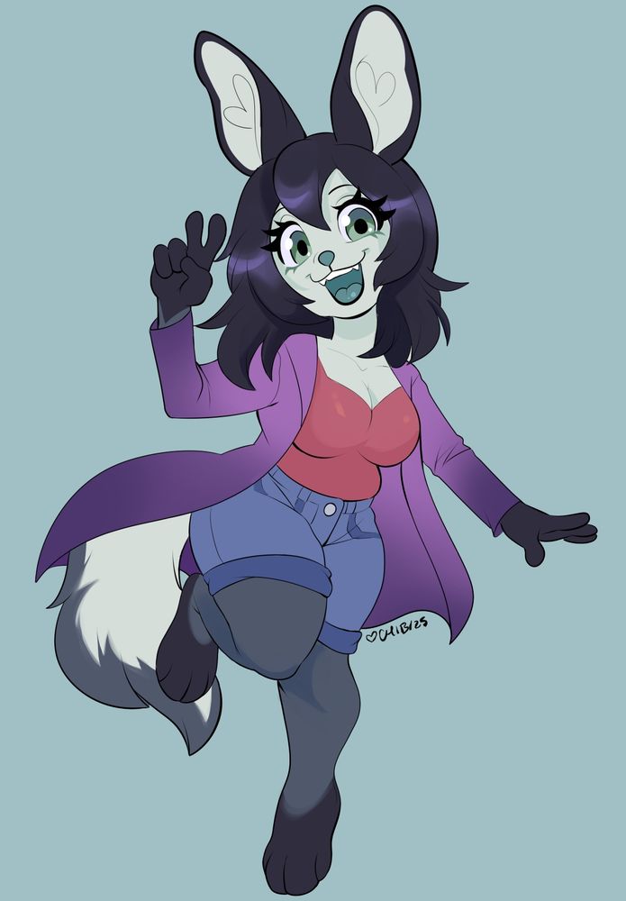 Piece of art by @chibbutts.bsky.social of Cala, a dogbit, or dog rabbit, on one paw, with the other bent up, and wearing cute purplish shorts, a purple overshirt over a cute pinkish blouse, with a big smile and posing cutely.