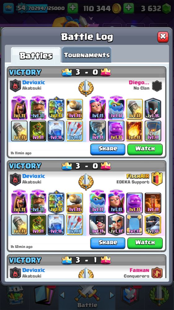 Screenshot of Clash Royale battle log, showing three wins