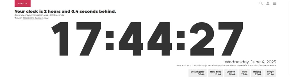 Screenshot of time.is, showing clock being behind by two hours and 0.4 seconds.