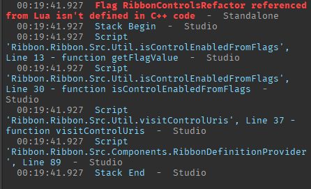 Roblox Studio error message reading: Flag RibbonControlsRefactor referenced from Lua isn't defined in C++ code