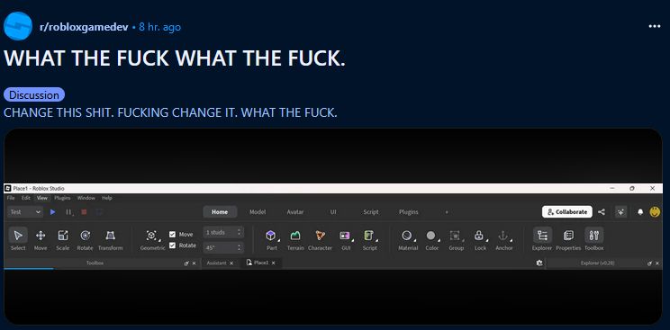 Screenshot of Reddit post on r/robloxgamedev. Titled: WHAT THE FUCK WHAT THE FUCK with a screenshot of the new Roblox studio UI.