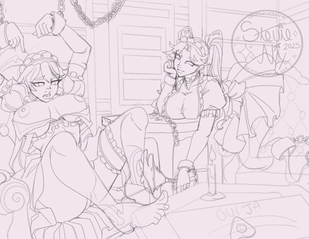 the maid on the left is chained up and slowly turning into a ghost while the ghost maid on the right is running her duster over the slowly vanishing leg of the other. she leans on her hand looking happily at her new friend as they sent amongst the dusty shelves and run down parlor room of a haunted mansion