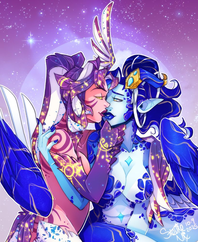 a fire opal themed harpy, leans in close for a kiss from a lapis lazuli themed Starling. Both are nude and behind them is a star spangled background