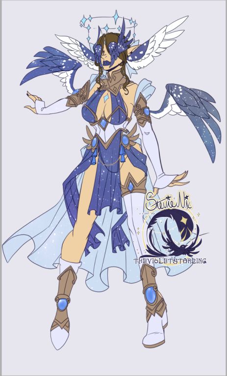 a blue and light blue colored Starling with 4 sets of wings. one on her arms, one by her ears, one over her eyes and one on her temples