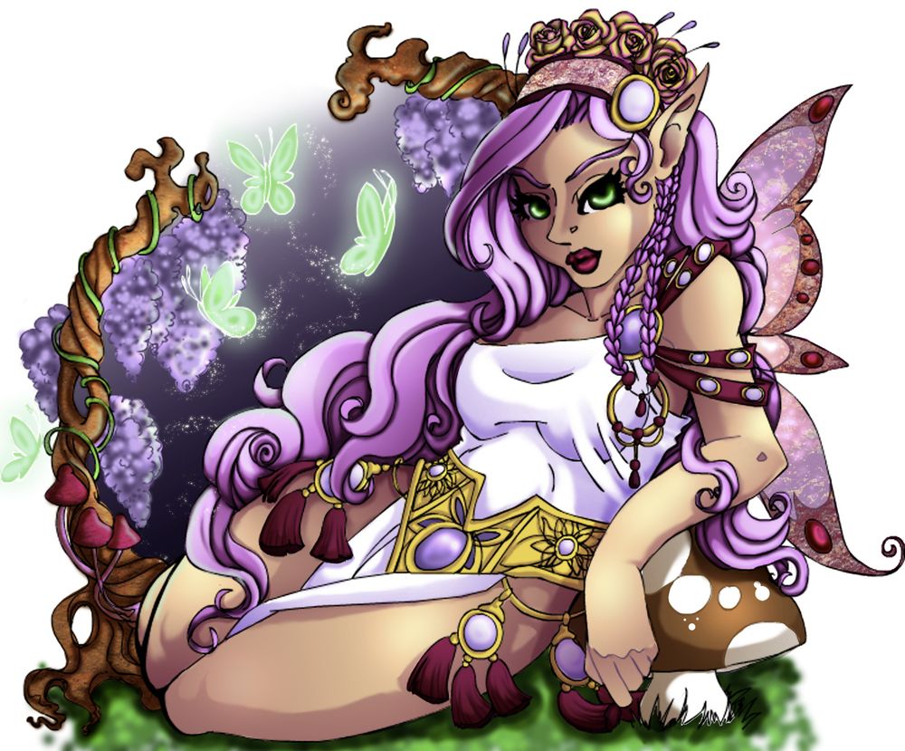 pink haired elf with a rose crown and a greek style outfit with tassles sits amongst wisteria, mushrooms and glowing butterflies- 2008