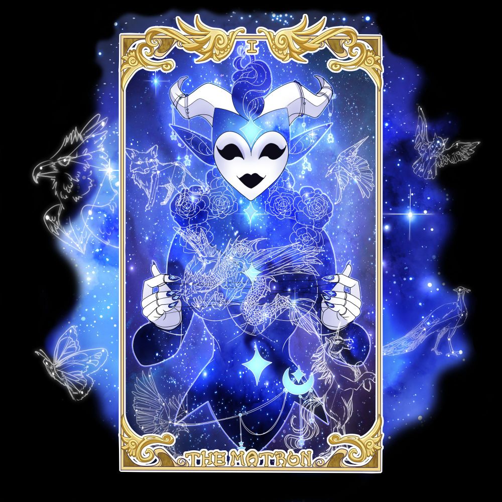 Eris with a white mask and white dragon horns, is surrounded by constellations of different kinds from the Starling Universe. Behind her is a blue and black nebula