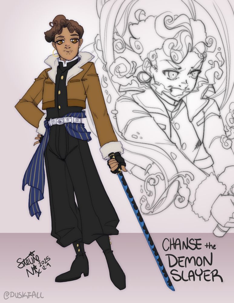 Chanse from Smosh as a demon slayer character. he's in the typical uniform, but wears an aviator jacket over it as well as a blue sash tied on his belt. he's holding out a black and blue sword. beside him is a sketch of him doing the water breathing form
