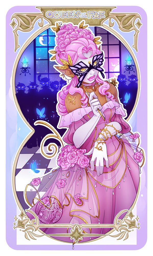 a pink rose themed elf with a purple butterfly mask, wears white gloves that she holds out. she's wearing a pink ball gown with gold accents, while her "suitors" all stand behind her judging the one asking her to dance. behind them are two windows showing the sun and the moon and three ethereal butterflies dance around her.