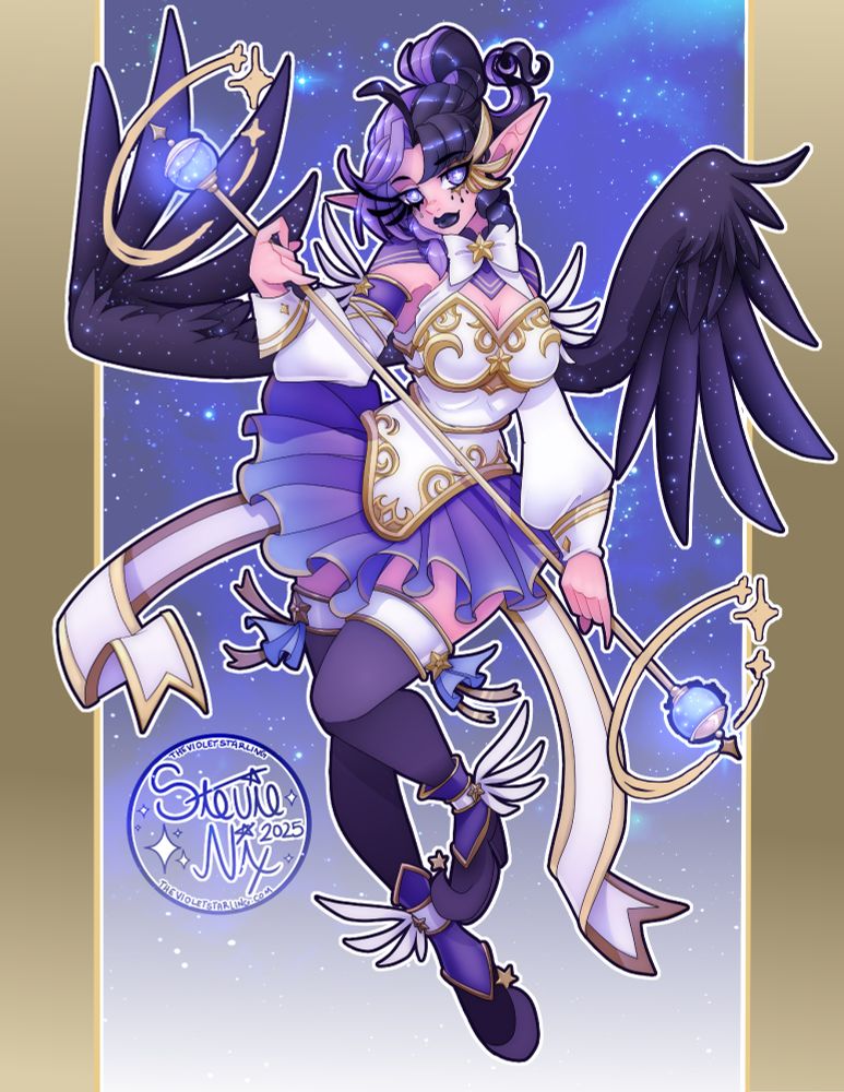 My PNgTuber in her Carousel Jester outfit holding a baton. She has white, purple, and black colors with pink skin and gold accents