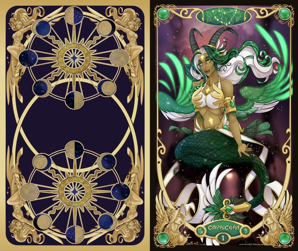 a picture of an oracle card back that shows harpies in all four corners with "eggs" between them. at the top and bottom are the moon cycles, with the sun in the center and the roman numerals for 1 - 12 depicting time.
on the right is the card for capricorn featuring a green and brown Starling that has goat horns, ears, and a fish tail.