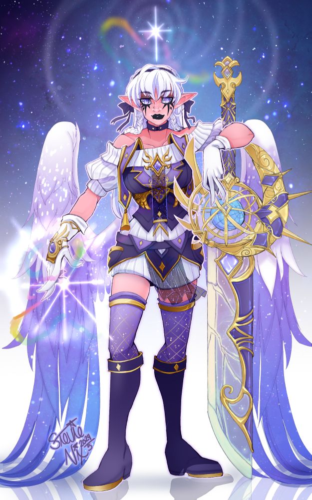 a pink skinned, white haired elf with huge wings, wears an outfit of purple, white and gold, while she rests one arm on her broadsword and the other holds a star that shines with rainbows