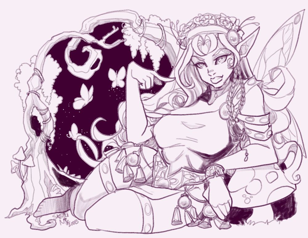 pink haired elf with a rose crown and a greek style outfit with tassles sits amongst wisteria, mushrooms and glowing butterflies - 2025