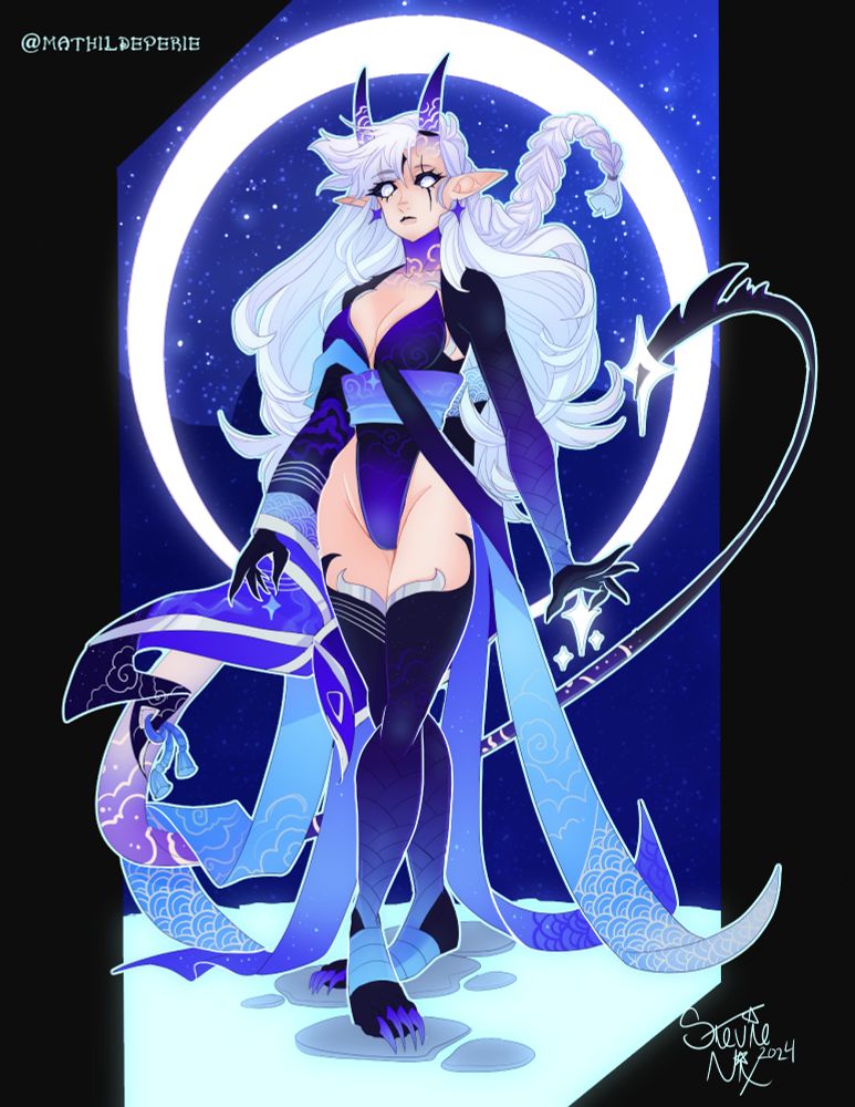 a white haired succubus with horns, and black scelera with white pupils holding a star as she walks on stepping stones in glowing water with a crescent moon behind her.
