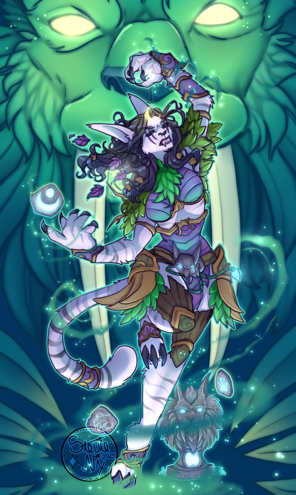 a night elf druid in mid transformation into cat form with a large Ashamane behind her