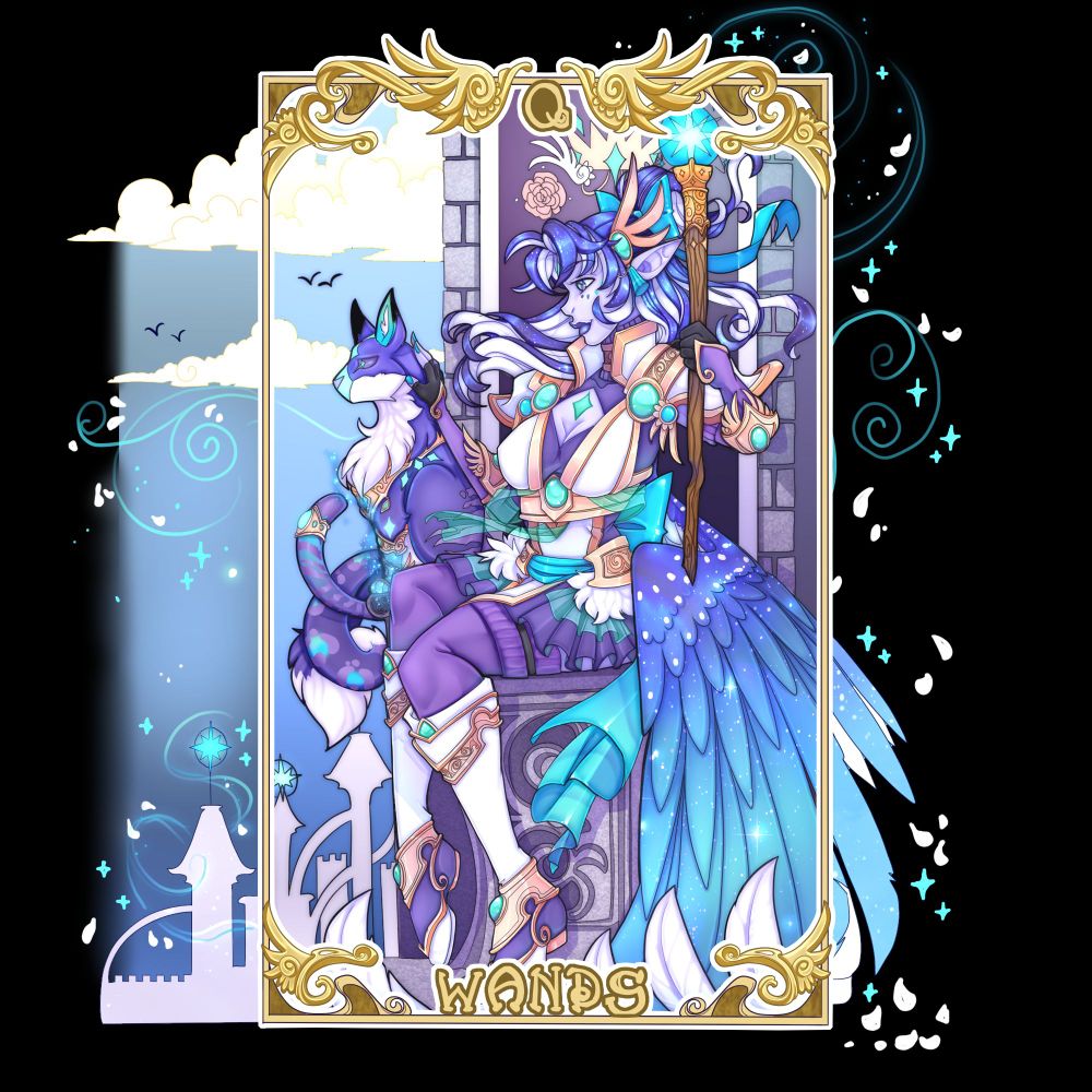 queen of wands depicted by a purple palette Starling in a Siren Class outfit sitting with a wand and her MUSE a Catsune. she sits on a castle with another castle in the background