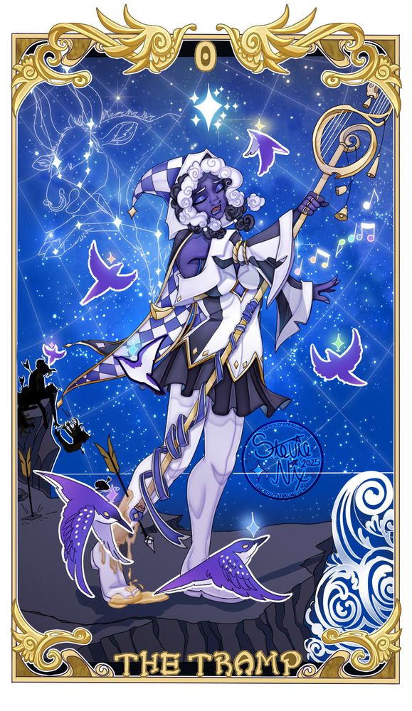 Mother Pleione dressed in a white black and dark blue outfit, holds a musical staff as she sings her swan song. A prayer to the stars to save her and her daughters from the hunter orion. their souls are turned into Starlings. You can see Taurus behind her and the Pleiades star cluster where the 7 Sisters would soon call home.