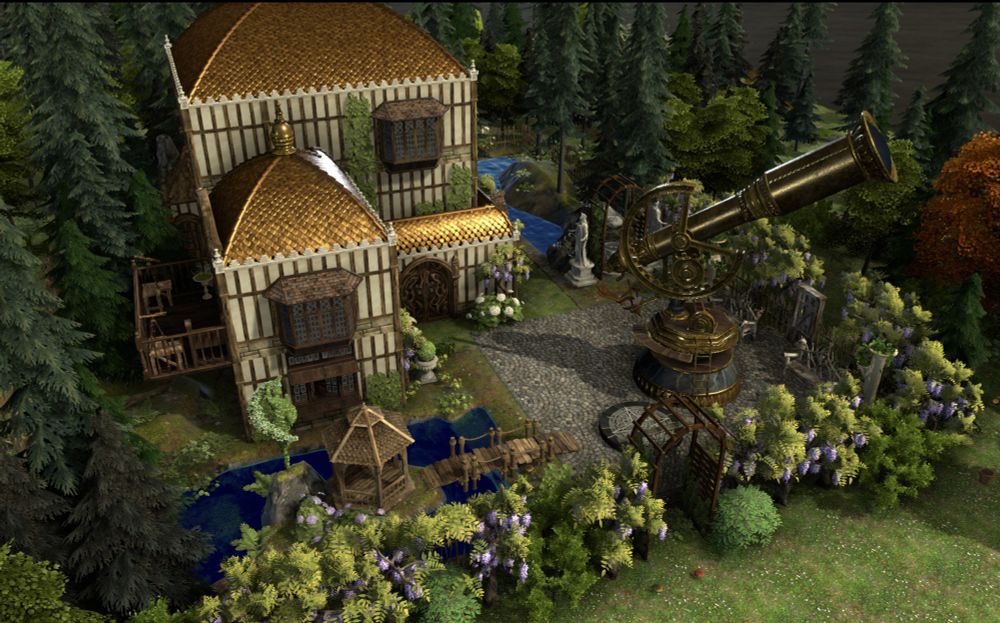 a multistoried building with a large telescope outside of it, surrounded by a forest and wisteria