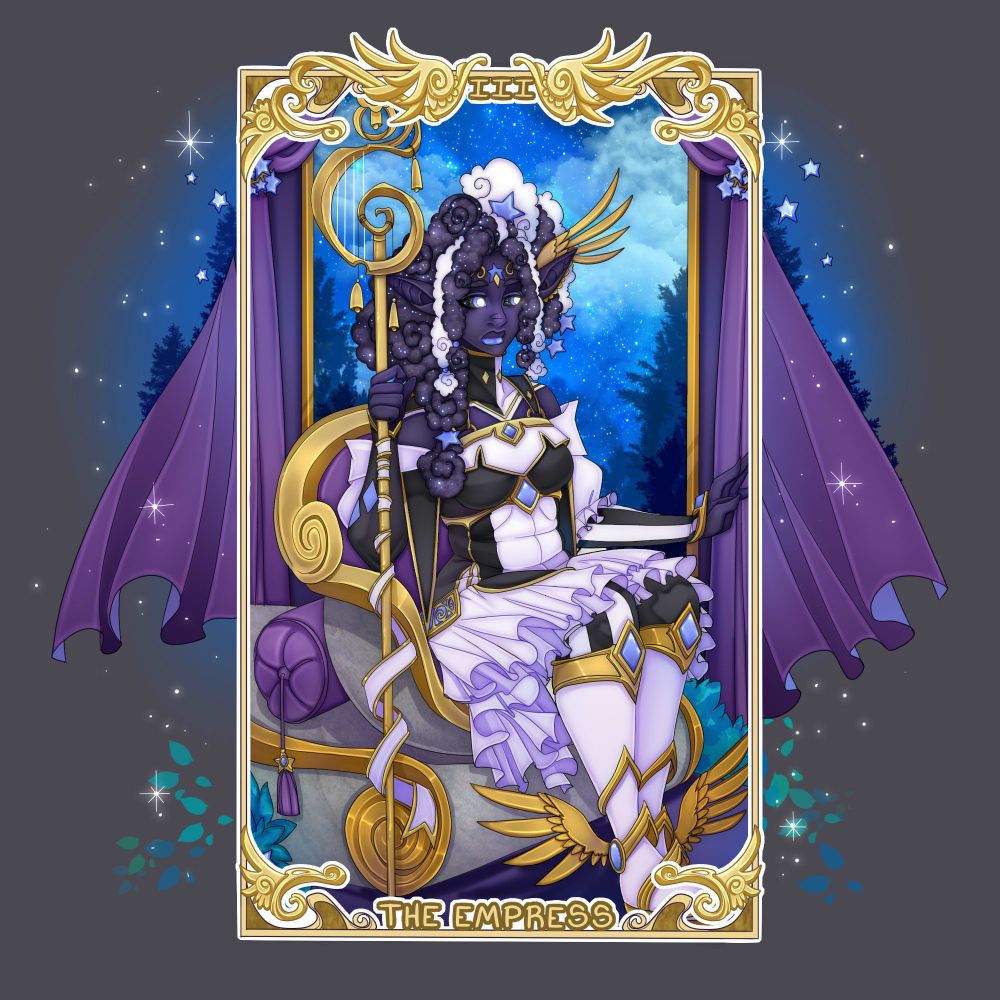 Mother Pleione sits on a throne of stone and gold wearing an A-Class Starling outfit in black and white. Stars adorn her hair and she holds a musical staff in her right hand while the other is reaching out to the side. Behind her is a window with a blue night sky and stars with purple curtains.