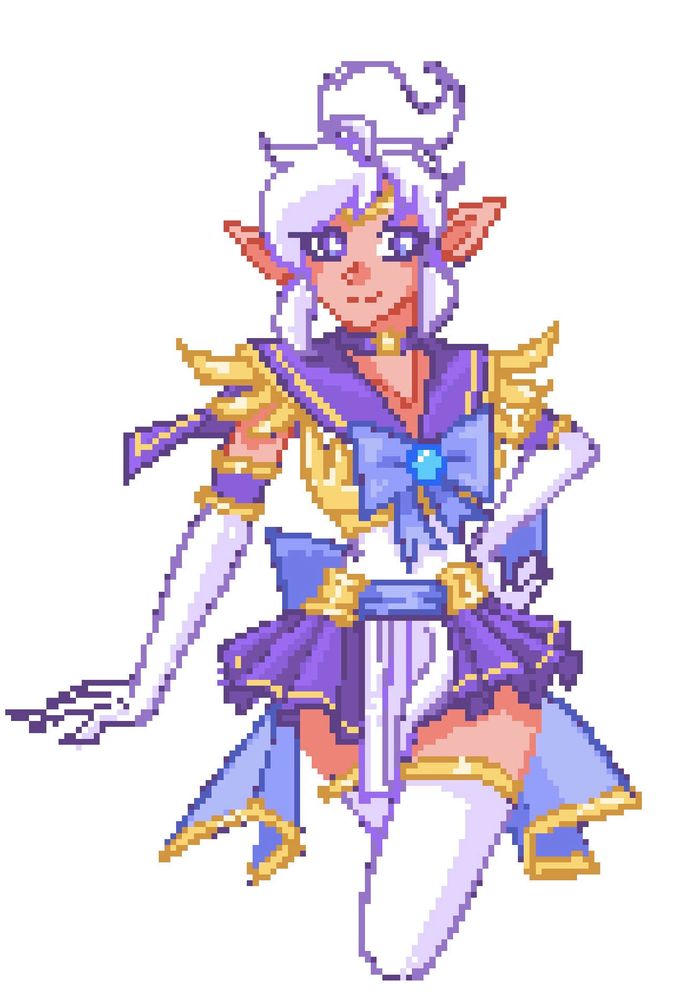 a white haired elf with a purple, blue and gold sailor moon fuku (uniform) in a static pose looking to the side
