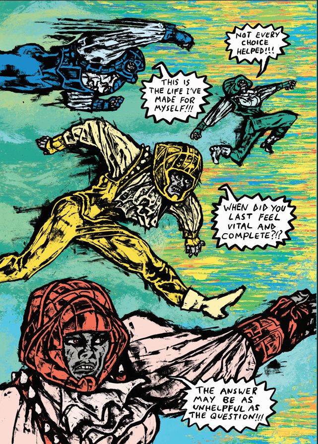 4 people in different colours, shouting