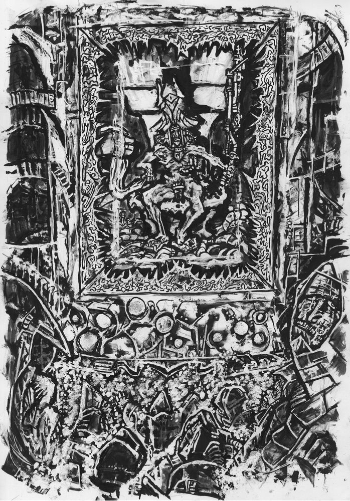 B+W drawing of some space people in the foreground, in front of a sort of framed box with a man inside sitting on a throne that looks like a toilet. It's all quite hard to see, however.