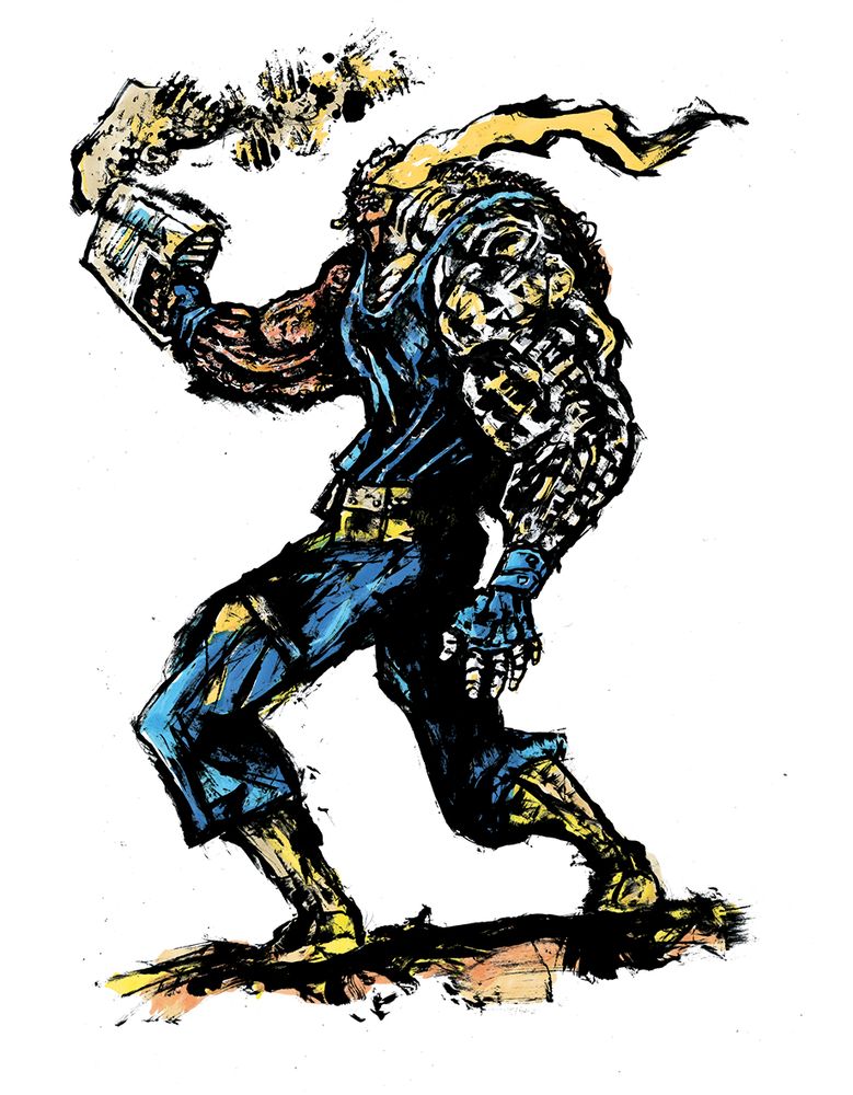 a bulky but stringy man in a drawing wears blue and has a gun and a glowing eye