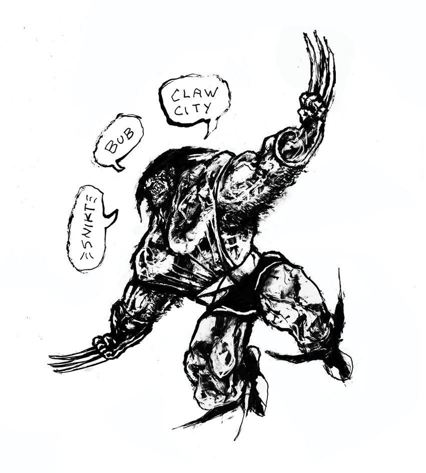 wolverine leaping, claws out at his side, saying 