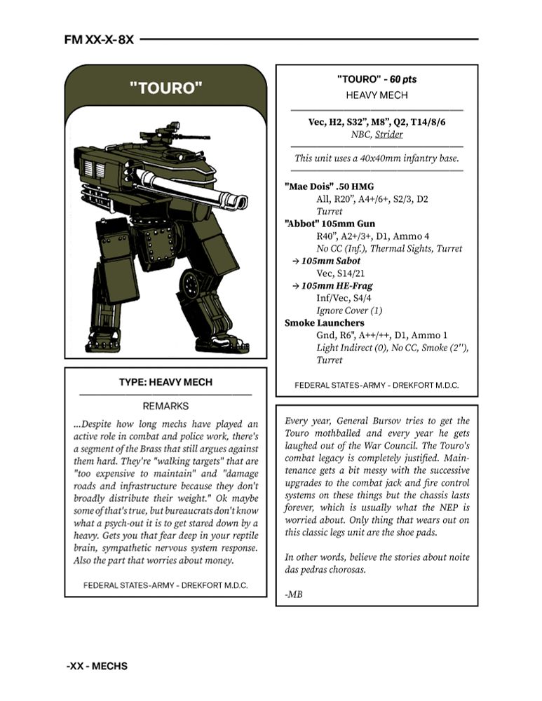 Vehicle spec sheet for the Touro in Firelock 198X's rulebook