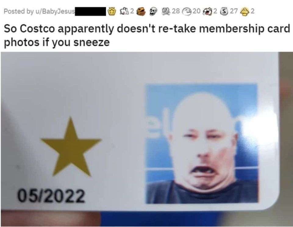 Viral reddit post titled "So Costco apparently doesn't re-take membership card photos if you sneeze" with a bald man photographed mid sneeze