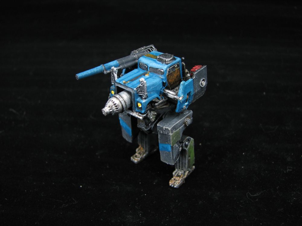 1/144 pewter metal scale model of Fatshoe mech from Brigador: Up-Armored Edition, assembled and painted