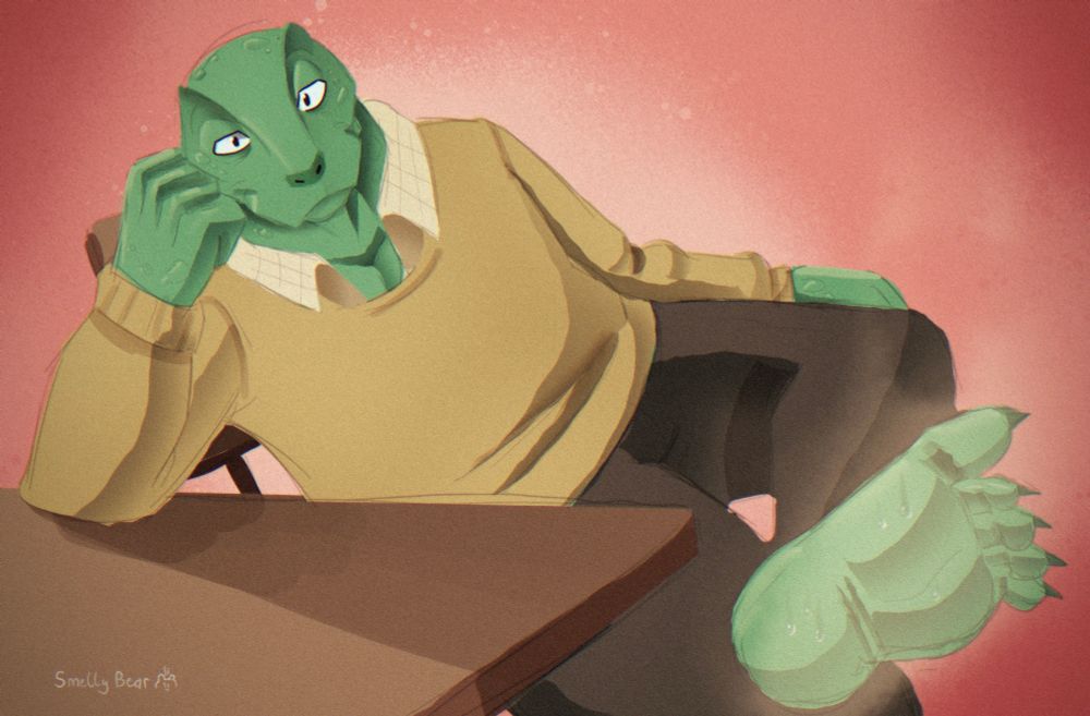 Gosha from beastars sitting on a chair resting his arm on the table and showing you his smelly sweaty feet, he’s looking at you with a soft smile