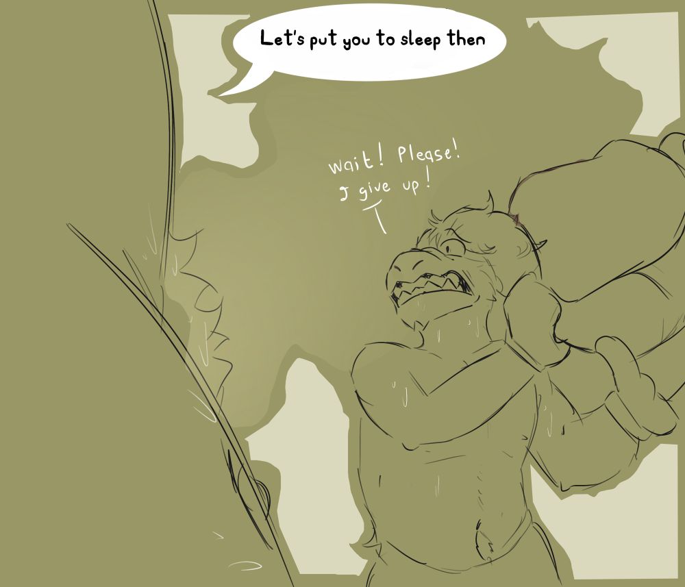 Sketch of Marky holding Felix by the head and raising his arm to reveal his reek pit