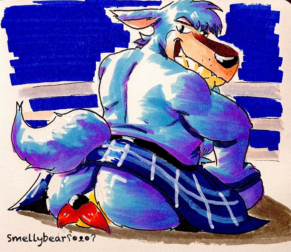 BlueEyedWolf in a wrestling match with blue beard wolf, the big blue wolf sits on Blu’s body pinning him down effortlessly 