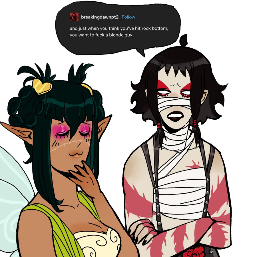 Digital doodle of my two ocs, Dia and Rossen, having their typical conversation.