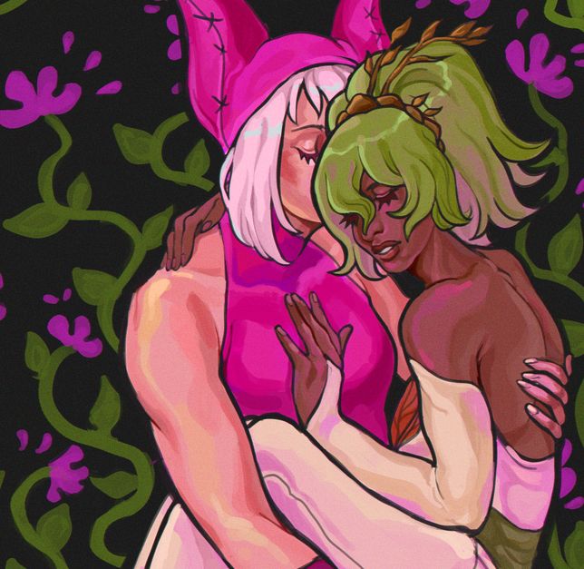 Nora holds Amalia and gives her a little kiss against dark background with simplified flowers.