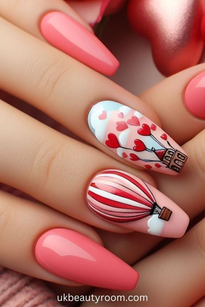 Nails painted with hot air balloon and floating house. 