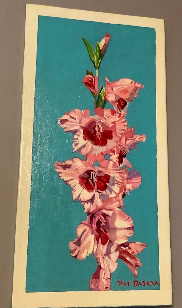 Gladiolus 1 shows pink flowers against a bright blue background. Acrylic on canvas.