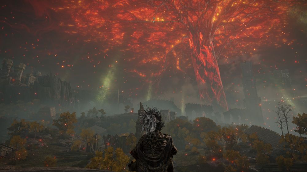 Game: Elden Ring. The Tarnished sits before a wide Limgrave landscape, the Erdttree burns in the distance. It is night, but the light and ashes of its flames cascade upon the Lands Between.