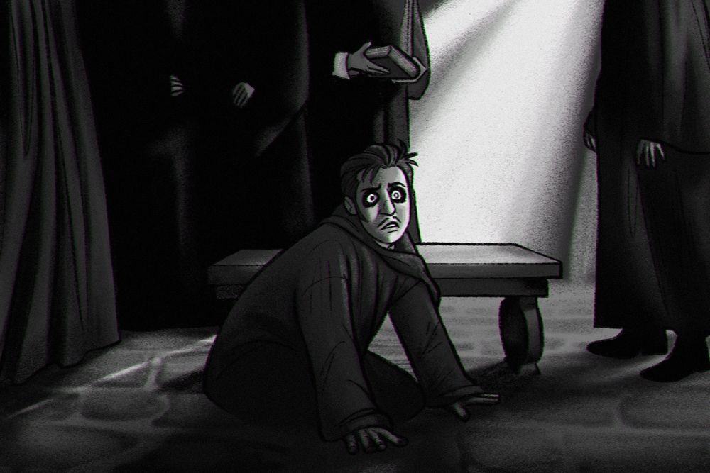 a shot from the Satanized music video, but the monk is replaced by Cardinal Copia. he's kneeling on the floor surrounded by monks who were trying to exorcise him. he's looking at someone off screen.