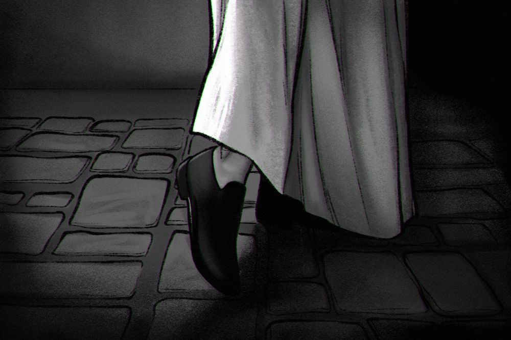 reverse shot, showing us what Copia is looking at. it's a scantily exposed ankle of an unknown person in a white dress