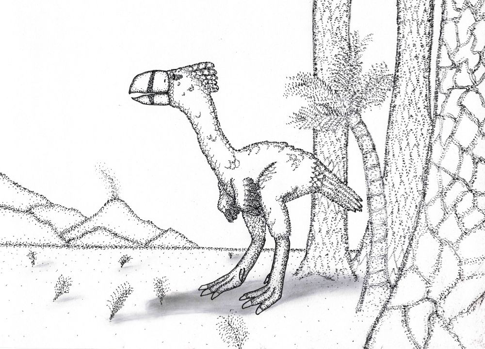 Gastornis, a man-sized flightless bird stands at the forest‘s edge and looks out into the barren volcanic plains of inner North America