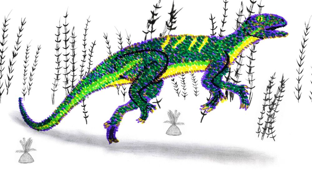 A small, bipedal parareptile, drawn in pointilist style