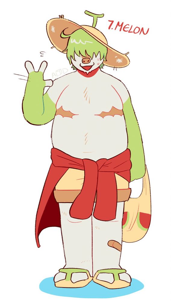 Anthro Hoffmanns sloth with green arm fur and green hair on their head. Their attire suggests they're ready for the beach! They have a straw hat on with a melon stem and sandals. They do not have a shirt on, but have a jacket around their waist and beige shorts.