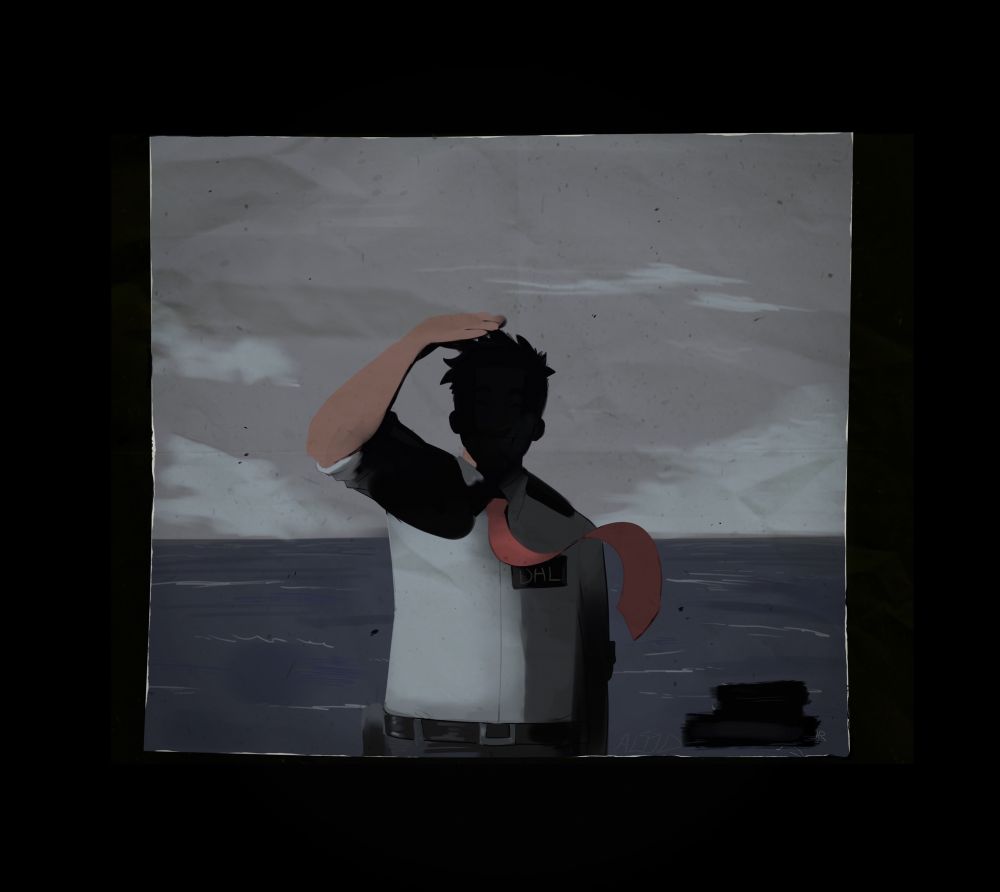 A photo of Wilbur from animal crossing in my human style. The ends and edges of the photo are a bit worn. There is some wording at the bottom right, maybe a date or a message, that got covered with something. His face is not visible.