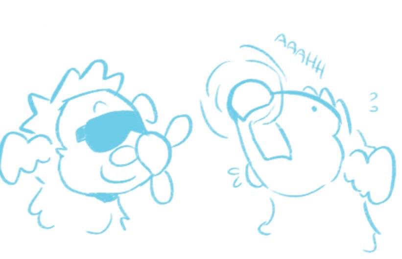 Wilbur from animal crossing on the left, he’s a plane creature. He’s watching his brother, Orville on the right, who has his propellor on that is on his nose and is saying “aaahh”