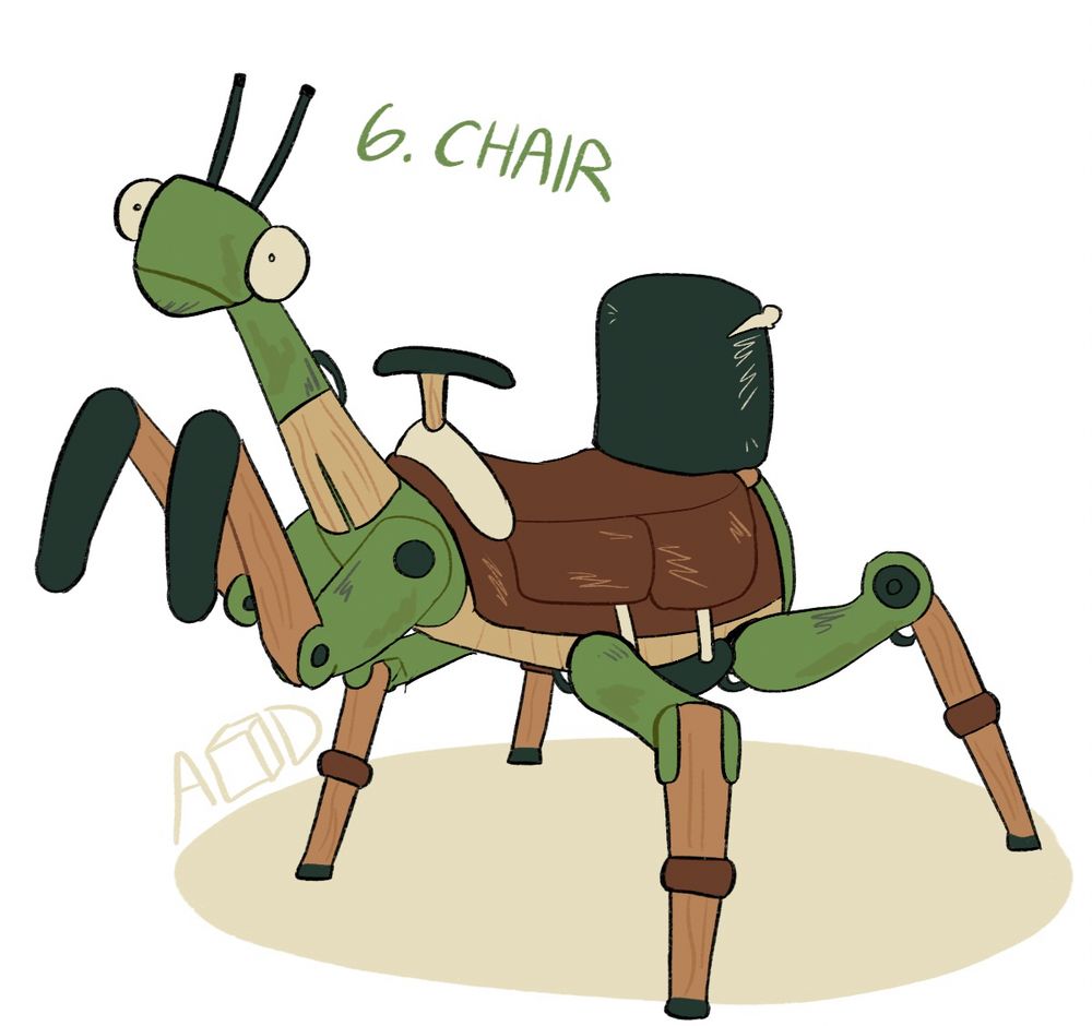 A robotic praying mantis made from wooden materials and various chair pieces. The antenna and limbs are all chair legs. The front arms, stirrups, and horn are arm rests. It's a bit worn down.