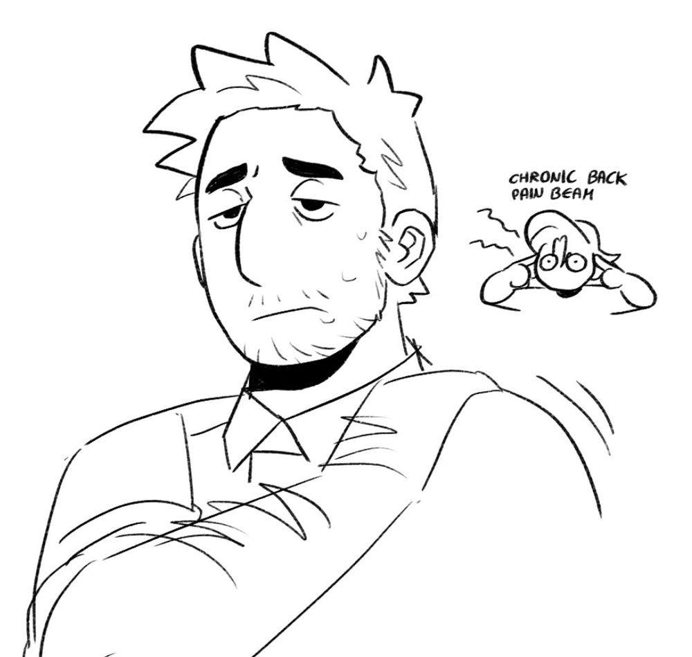 Human version of Wilbur from animal crossing.. his back is bothering him and writing this is making me realize ITS THE WRONG SIDE!!! MY PAIN IS ON MY RIGHT SIDE… I’m a fake abd fan my god…
The person in the back is my sona it says “chronic back pain beam” 