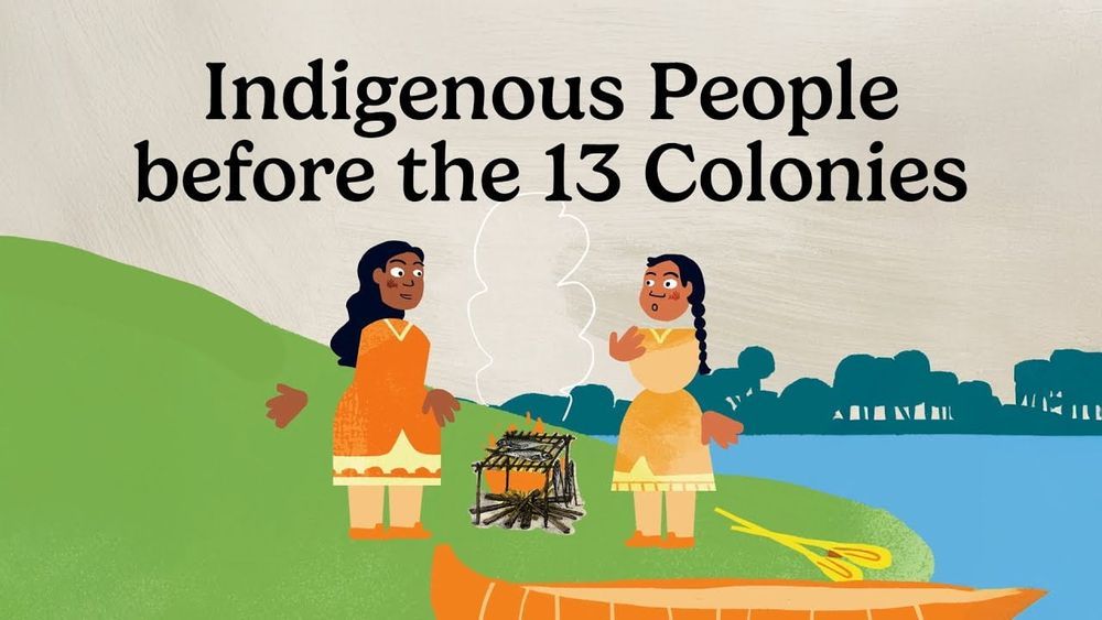 Animated illustration showing two Indigenous people in traditional orange and yellow clothing standing beside a campfire near a waterway, with a canoe in the foreground and forest silhouettes in the background, accompanying the title "Indigenous People before the 13 Colonies."